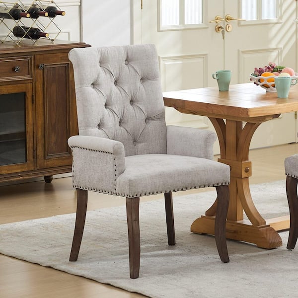 Ondine Beige Chenille Fabric Accent Dining Chair with Curved Solid Wood Legs