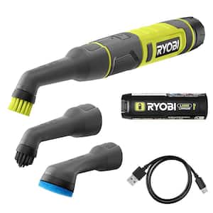 USB Lithium Cordless Compact Detail Scrubber Kit w/ 2Ah Battery, Charging Cable & (3) Head Attachments-Med, Hard & Scour