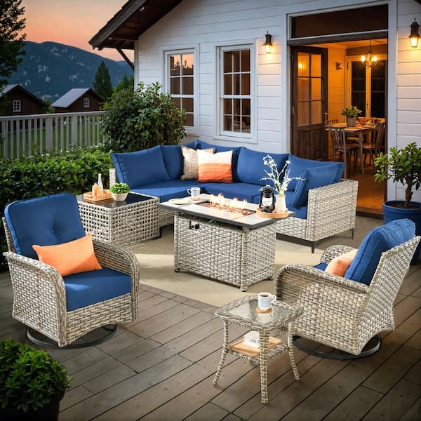 OVIOS Vinceny Gray 9-Piece Wicker Patio Rectangle Fire Pit Conversation Set with Navy Blue Cushions and Swivel Chairs