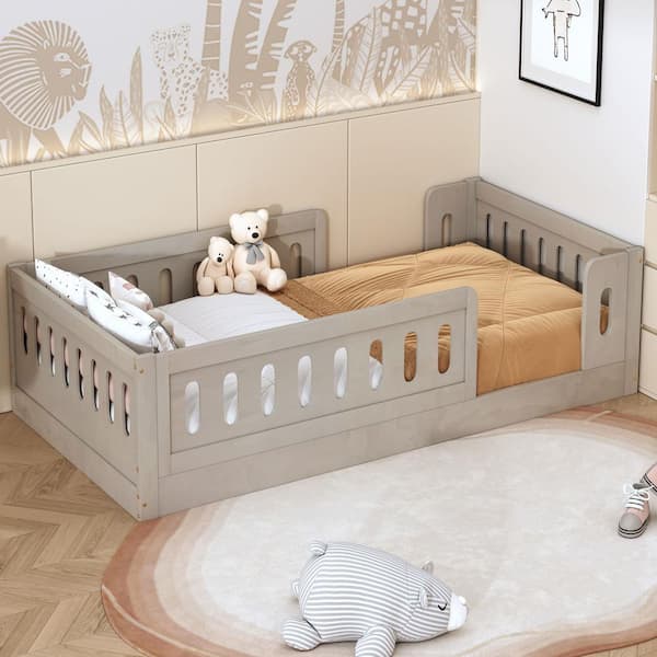 Qualler Natural Brown Wood Frame Twin Platform Bed with Guardrail