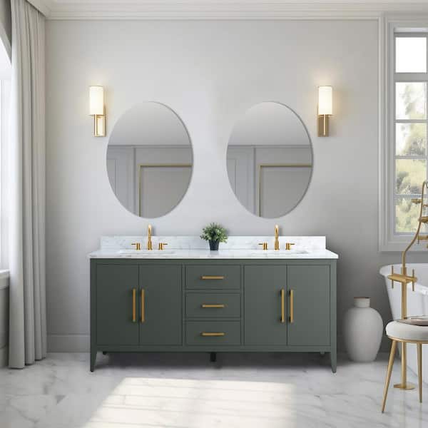 72 in. W x 22 in. D x 34 in. H Double Sink Bathroom Vanity Cabinet in Vintage Green with Engineered Marble Top