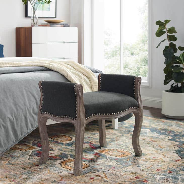 Gray Vintage French Upholstered Fabric Bench with Nailhead Trim