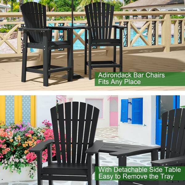 All Weather Outdoor Furniture Wood Like HDPE Black Plastic Outdoor Bar Stool with Removable Umbrella Hole Table 2 Pack