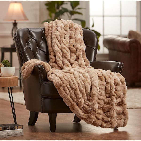 Rushed Beige Faux Fur Reversible Minky Throw Blanket, 108 x 86 in. - King