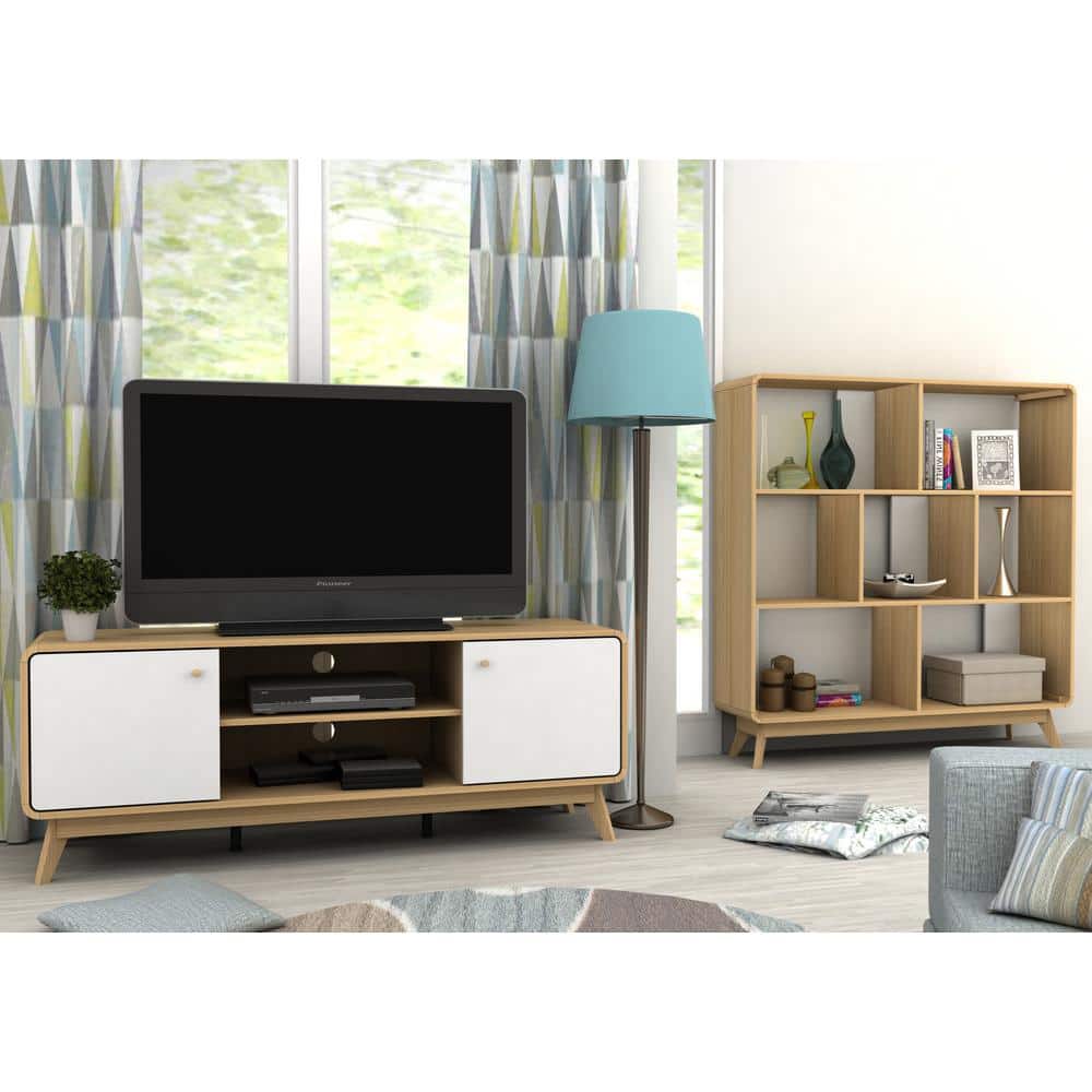Leva Oak and White Mid-Century Modern TV Stand with Cabinet