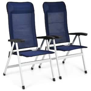 2-Pieces Folding Outdoor Dining Chairs with Reclining Backrest and Headrest in Navy