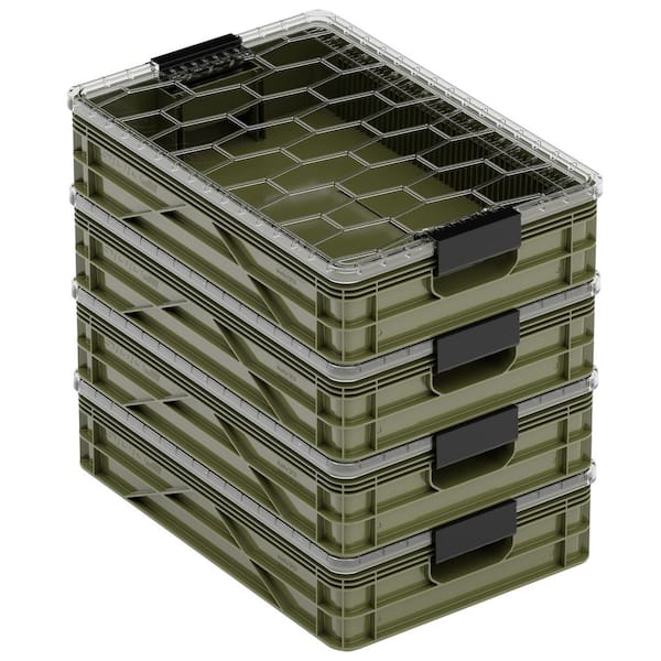 Quarter Crate 4-Pack Heavy Duty Stackable Storage Bins with Lids and Dividers Green