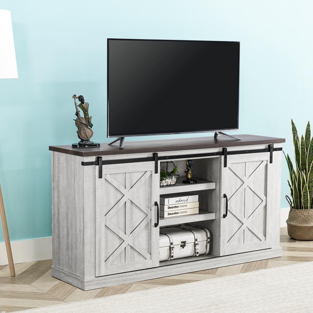 Coast-to-Coast Sliding Barn-Door TV Stand in Saw Cut-Off White
