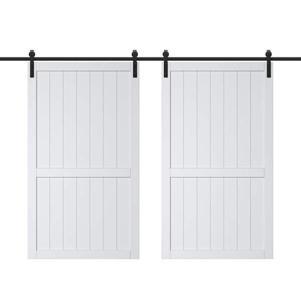 ARK DESIGN 96 in. x 84 in. White Paneled Style White Primed MDF Sliding Barn Door with Hardware Kit