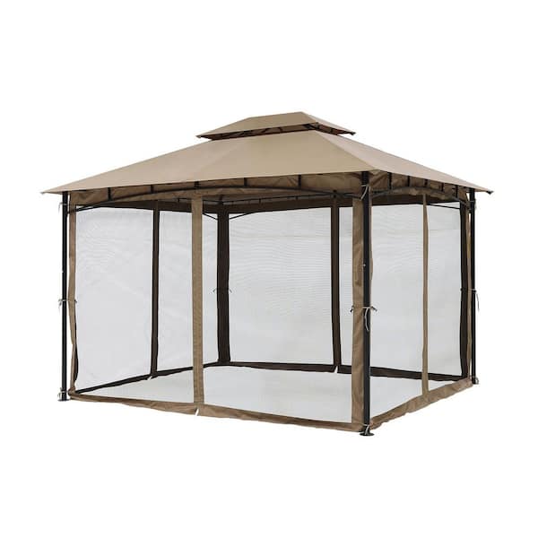 10 ft. x 12 ft. Khaki Outdoor Patio Gazebo Canopy with Double Roofs and Mosquito Netting for Backyard Lawn and Deck