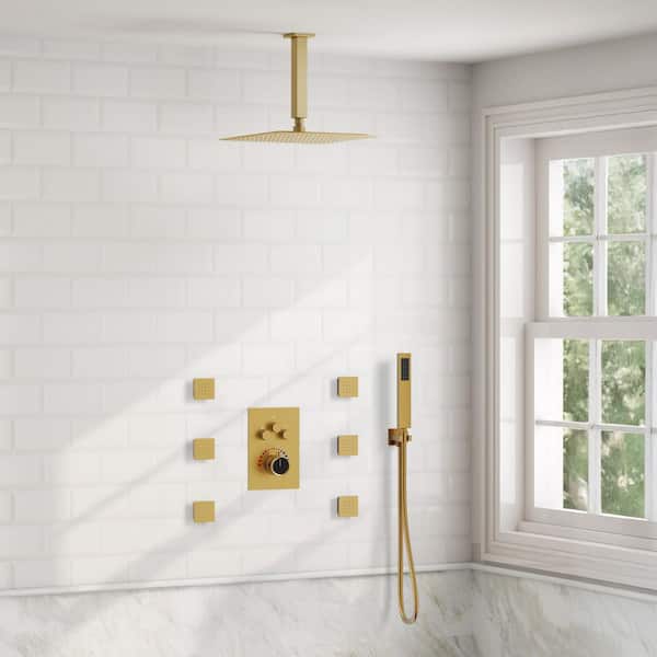 Multiple Press 7-Spray Ceiling Mount 12 in. Fixed and Handheld Shower Head 2.5 GPM in Brushed Gold