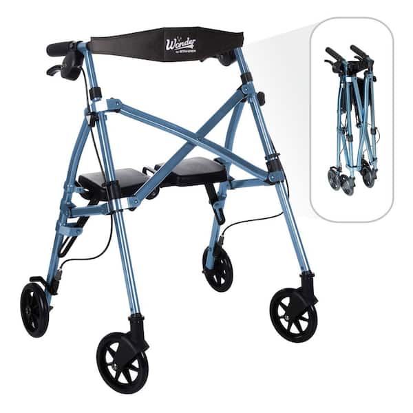 Stander Wonder Rollator Short, Lightweight Junior Folding Four Wheel Walker with Seat for Seniors in Cobalt Blue