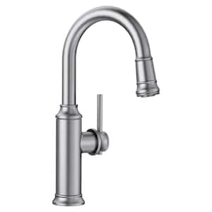EMPRESSA Single Handle Gooseneck Bar Faucet with Pull-Down Sprayer in Stainless Steel
