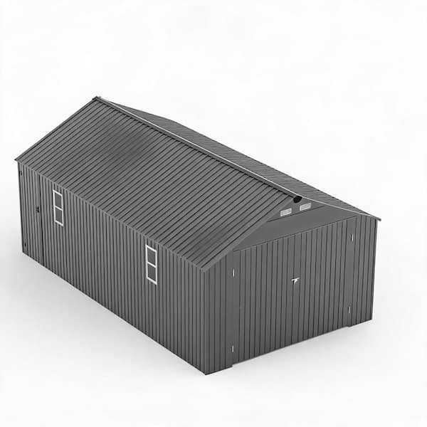 12 ft. W x 20 ft. D Gray Heavy-Duty Metal Garage Shed with Double Doors, Side Door and Windows