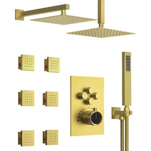 15-Spray His and Hers Showers Square High Pressure Multi-Functionn Wall Bar Shower Kit in Brushed Gold Valve Included