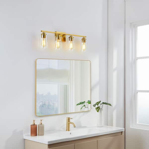 30 in. 4-Light Antique Brass Vanity Light with Clear Glass Shades