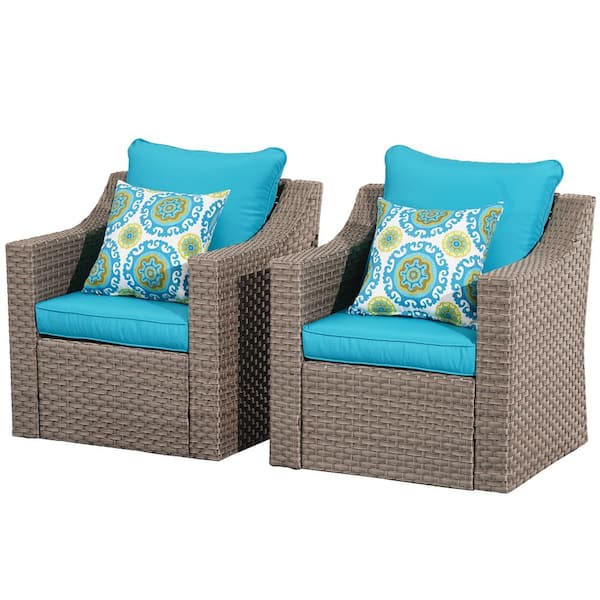 Zeus & Ruta Brown Wicker Outdoor Lounge Chair with Blue Cushions for Pool, Lawn, Yard (2-Pack)