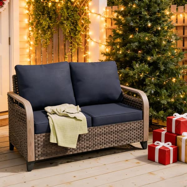 Brown 1-Piece Wicker Rattan Outdoor Patio Loveseat with Blue Cushions