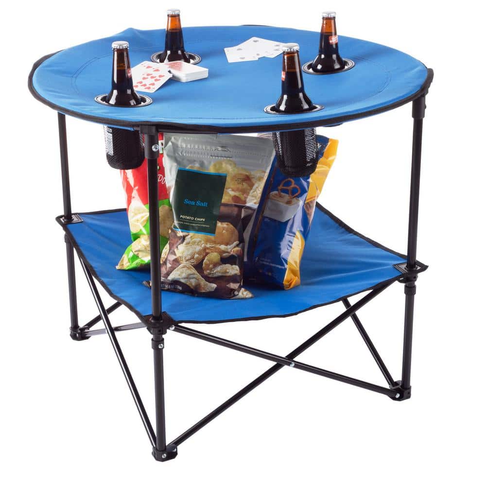 Blue 2-Tier Folding Camp Table with Cupholders and Carrying Bag