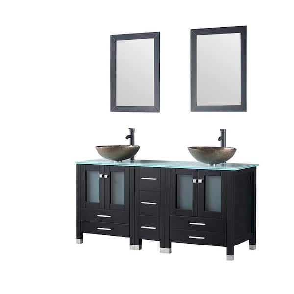 walsport 60 in. W x 21.5 in. D x 61 in. H Double Sinks Bath Vanity in Black with Glass Top and Mirror