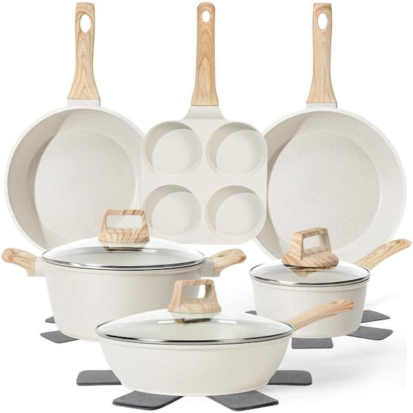 13 Piece Aluminum Nonstick Nontoxic Cookware Set with Frying Pans Set Saucepans Steamer (PFAS, PFOA, PFOS Free) in White