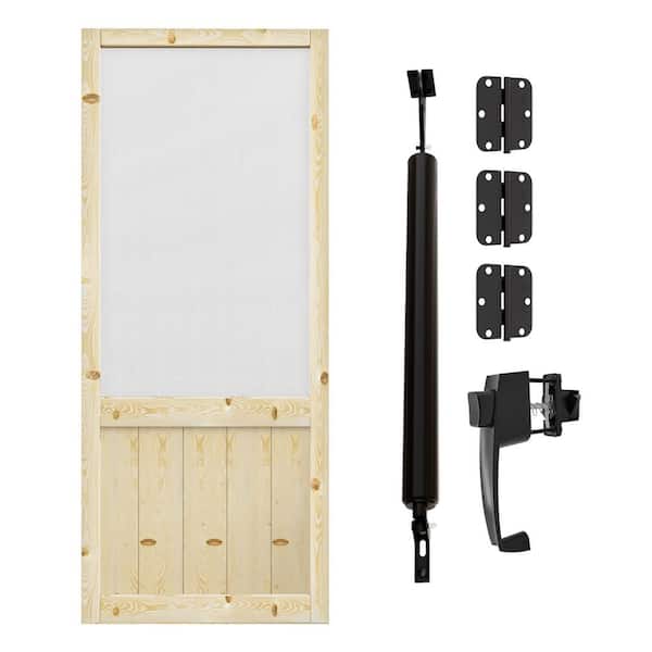 36 in. x 80 in. Rustic Style Universal Unfinished Pine Panel Screen Door with Lock and Door Closer-Gauze Mesh Hinged