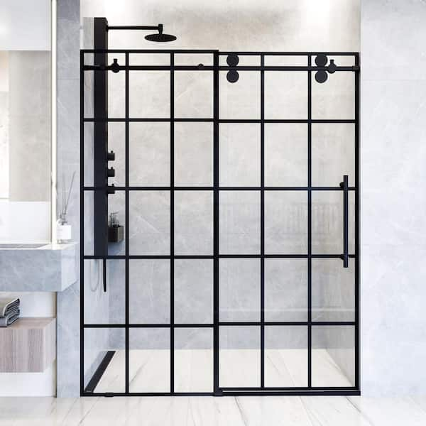 VIGO Elan 68 to 72 in. W x 74 in. H Sliding Frameless Shower Door in Matte Black with 3/8 in. (10mm) Clear Grid Glass