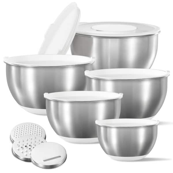 Kitchen Utility 12-Piece Stainless Steel Mixing Bowl Set with Airtight Lids and 3 Grater Attachments, Non-Slip Bottoms