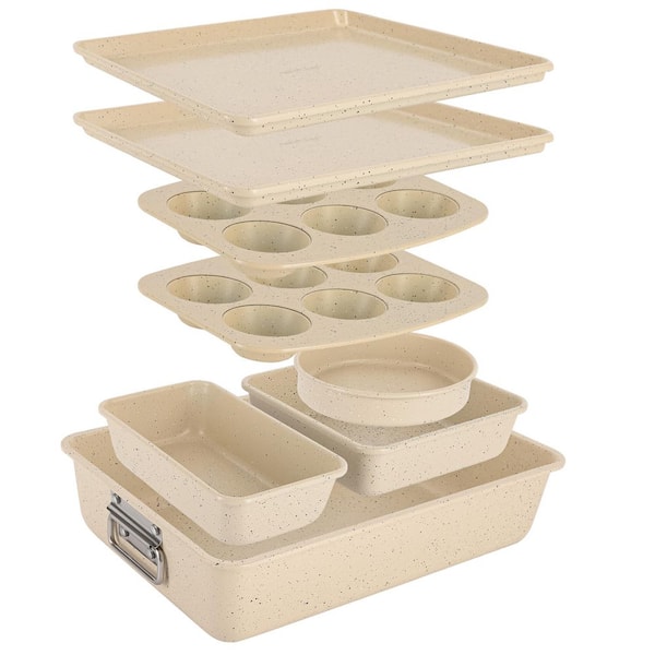 8-Piece Stackable Carbon Steel Bakeware Pan Set - Non-Stick Coating, Bake Tray Sheet and Set (Marble Cream) - NCBKSTK11