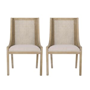 Hamel Beige and Teak Fabric, Cane, and Wood Dining Chair (Set of 2)