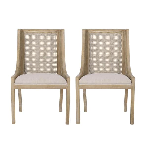 Noble House Hamel Beige and Teak Fabric, Cane, and Wood Dining Chair (Set of 2)