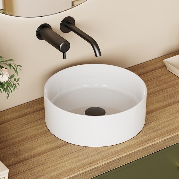 yulika Round Sink 14 in . Bathroom Sink Ceramic Vessel Sink Bathroom Sink Modern in White
