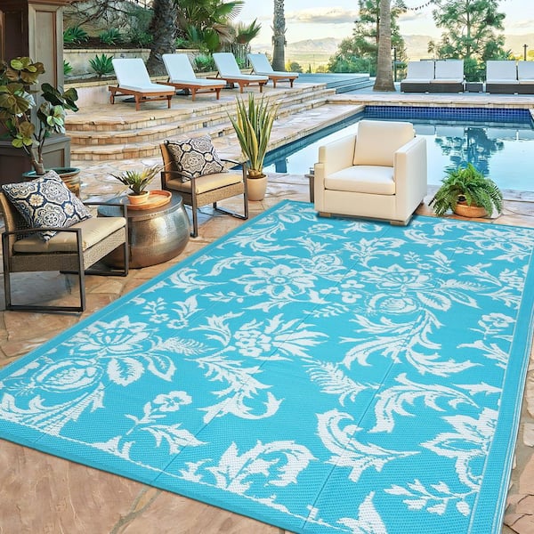 Light Blue and White 8 x 10 ft. Waterproof Outdoor Area Rug, Floral Large Plastic Area Rug for Camping, Backyard, Picnic