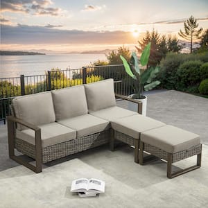 3-Piece Gray Wicker Outdoor Couch Patio Conversation Set with Olefin Gray Cushions and Ottomans