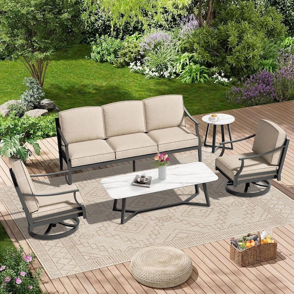 Tamarin 5-Piece Swivel Aluminum Outdoor Conversation Set with Sunbrella Cushions, Tables with Sintered Stone Top