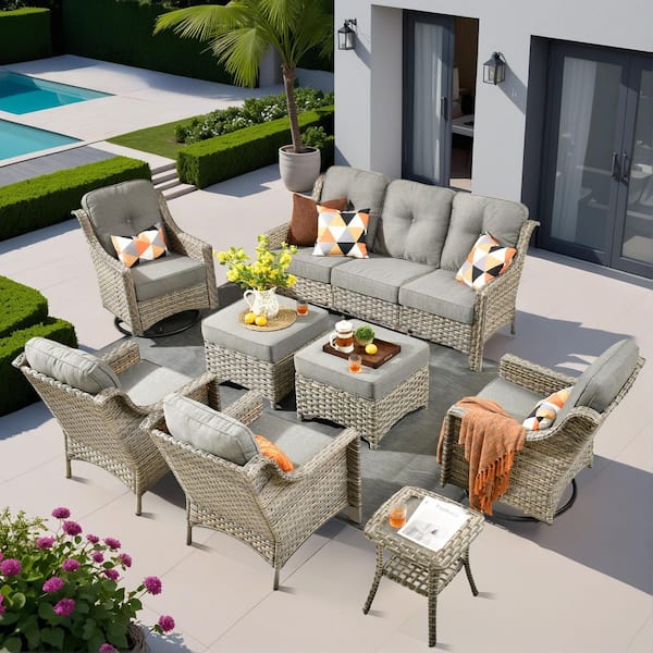 HOOOWOOO Cherry 8-Piece Wicker Outdoor Furniture Patio Conversation Sofa Seating Set with Swivel Chairs and Dark Grey Cushions