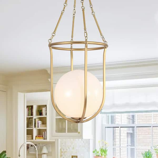Halo Cage 17.7 in. 1-Light Vintage Gold Cage Pendant with Opal Glass Globe Shade