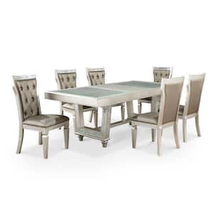Deltona 7-Piece Rectangle Champagne and Warm Gray Glass Top Dining Table Set