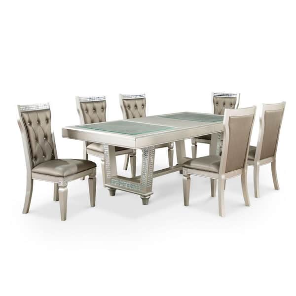 Furniture of America Deltona 7-Piece Rectangle Champagne and Warm Gray Glass Top Dining Table Set