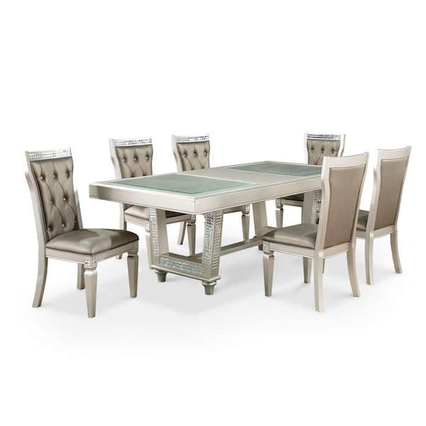 Furniture of America Deltona Glam 7-Piece Rectangle Champagne and Warm Gray Glass Top Dining Table Set