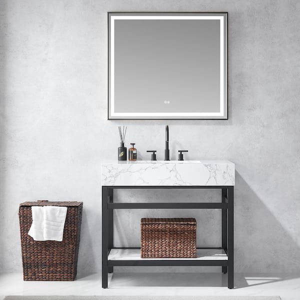 ROSWELL Ecija 36 in. W x 22 in. D x 33.9 in. H Single Sink Bath Vanity in Matte Black with White Stone Top