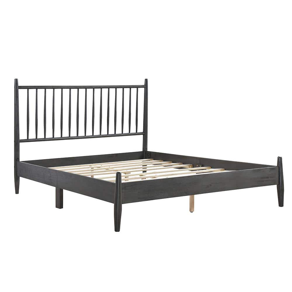 Gray Wood Queen Platform Bed with Vertical Slat Headboard