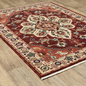 Lillian Red/Ivory 10 ft. x 13 ft. Center Oriental Medallion Wool/Nylon Blend Fringed-Edge Indoor Area Rug