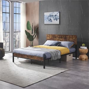 Queen Metal Platform Bed Frame with Wooden Headboard and Footboard, Large Under Bed Storage