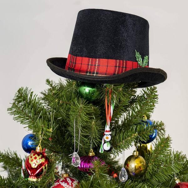 synder bedstemor månedlige ORNATIVITY Snowman Hat Tree Topper -Top Hat Christmas Tree Top Decor With  Plaid Red Ribbon And Mistletoe Holly And Berry OR-154 - The Home Depot