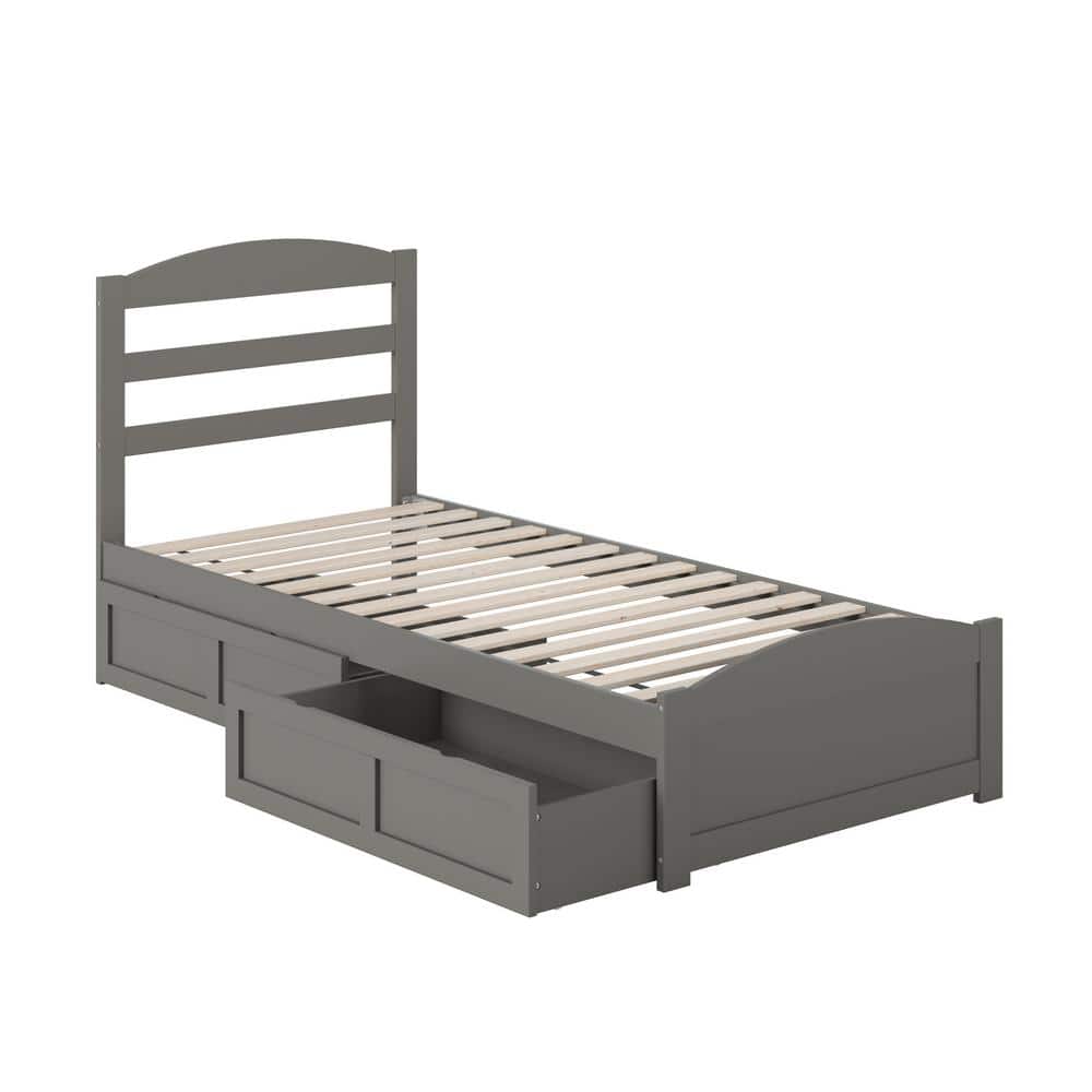 Gray Twin Wood Platform Bed with Storage Drawers