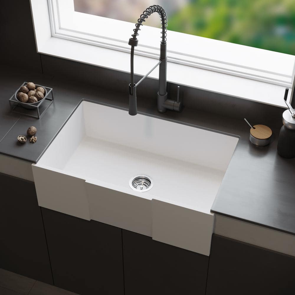 Matte Stone White Composite 30 in. Single Bowl Farmhouse Apron-Front Square Kitchen Sink with Strainer