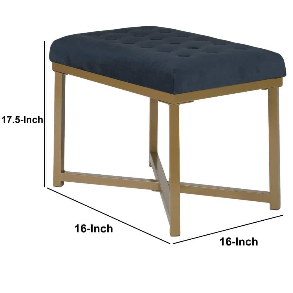 Dark Blue Velvet Upholstered Bench with Gold Metal Frame