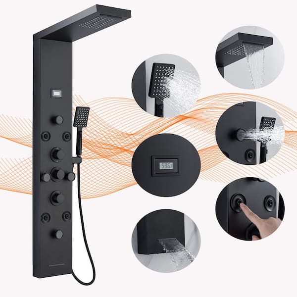 Unbranded 8-Jet Rainfall Shower Panel System Tower with Rainfall Waterfall Shower Head Hand Shower Wand Tub Spout in Matte Black