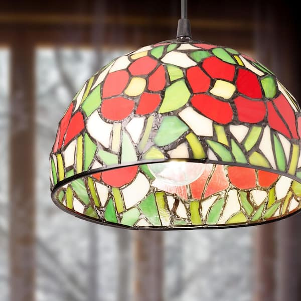 Esmerelda 40-Watt 1-Light Black Finish Pendant Light with Stained Glass Shade